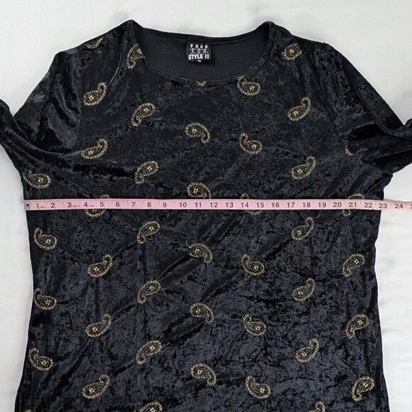 VTG Black Velvet Long Sleeve Gold Embroidered Paisley All Over Print Y2k Top - Picture 5 of 6